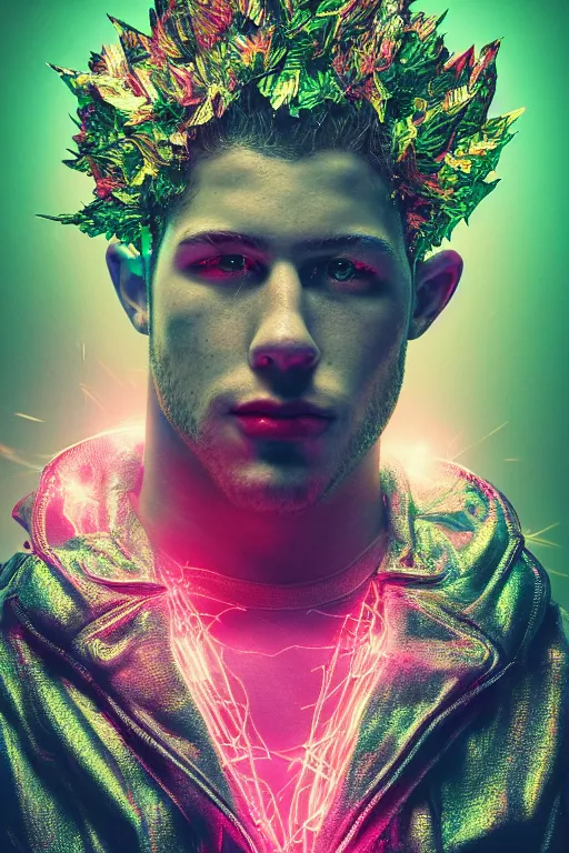 Prompt: hyper detailed ultra sharp portrait of baroque and bladerunner delicate neon ruby sculpture of seductive muscular nick jonas gorilla green radioactive humanoid deity wearing metallic hoody made out of leaves holding the sun prismatic dungeon, glowing rainbow face, crown of white diamonds, cinematic lighting, photorealistic, octane render 8 k depth of field 3 d
