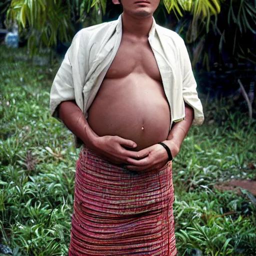 Prompt: A young pre-colonial Filipino man in his 20s wearing traditional costume with a big pregnant belly, photographed by Steve McCurry