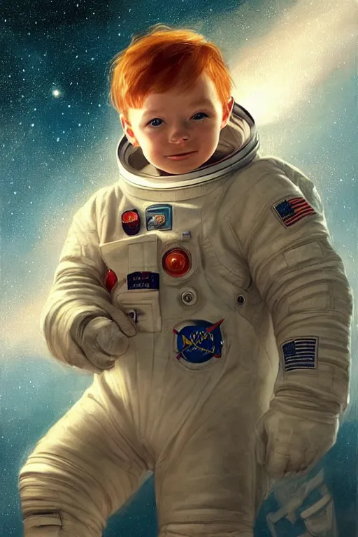 Prompt: a little boy with ginger hair floating in space, surrounded by stars. he is an astronaut, wearing a space suit. clean elegant painting, beautiful detailed face. by raymond swanland and artgerm and greg rutkowski