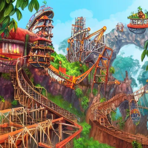 Image similar to digital concept art of donkey kong country theme park, artstation, high quality