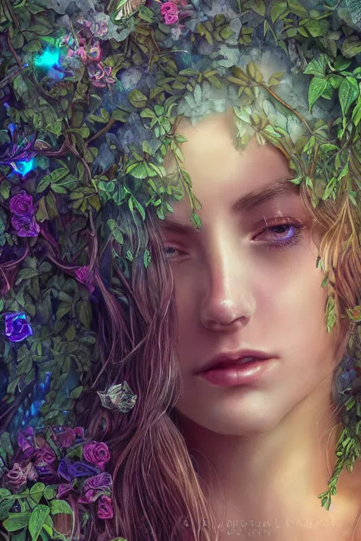 Image similar to elaborately detailed close up portrait of an extremely beautiful girl surrounded by vines, flowers, an eerie mist and ethereal rainbow bubbles, Aetherpunk, high fantasy matte painting, concept art, smooth, sharp focus, atmospheric lighting, highly detailed illustration highlights, backlight, golden ratio, 8K detail post-processing, award winning picture, sense of awe, featured on DeviantArt, fantasy matte painting movie poster, trending on cgsociety, intricate, majestic, dark epic fantasy, highly detailed, cinematic quality character render, ultra high quality model, production quality cinema mode