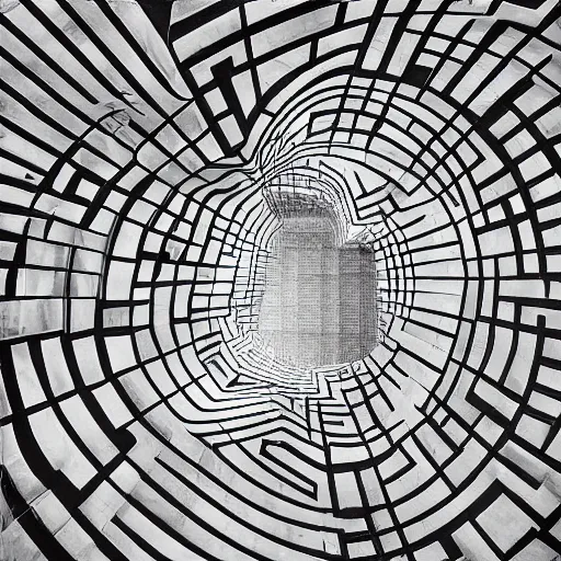 Image similar to m. c. escher rendering of a marble labyrinth, piranesi, optical illusion, trompe l'oueil, fine art photograph, architectural detail editorial photo