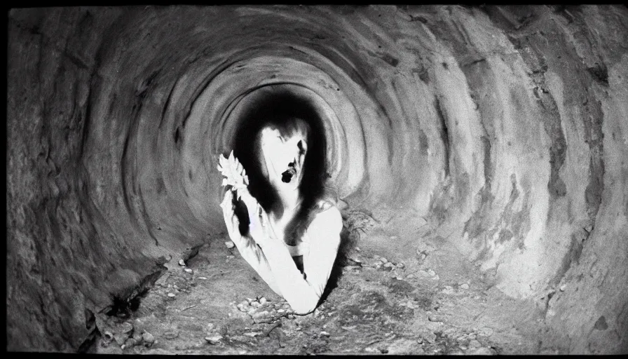 Image similar to portrait of a white female phantom with a root fingers in an empty soviet tunnel, early black and white 8mm, heavy grain, low quality,