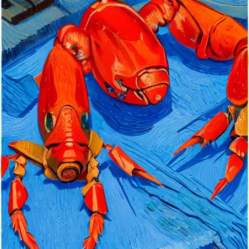 Image similar to red robotic crayfish cut the gold medal's ribbon from human neck by hand, 4 k, oil painting, van gogh