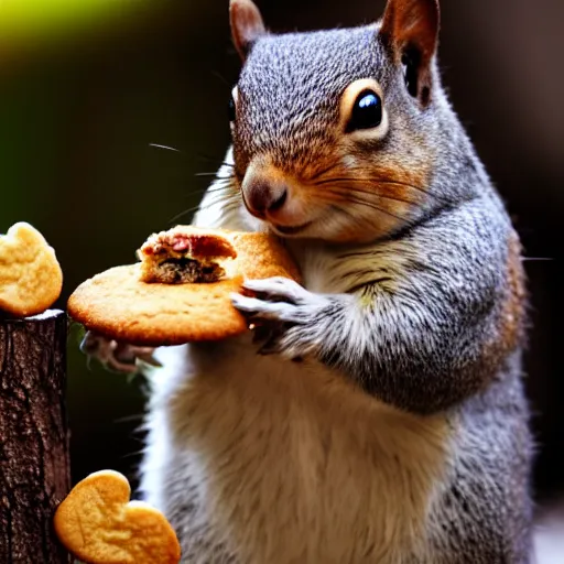 Prompt: A fat squirrel eating a cookie