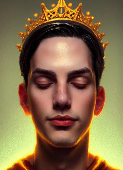 Prompt: portrait of jughead jones, wearing a crown, eyes closed, intricate, elegant, glowing lights, highly detailed, digital painting, artstation, concept art, smooth, sharp focus, illustration, art by wlop, mars ravelo and greg rutkowski