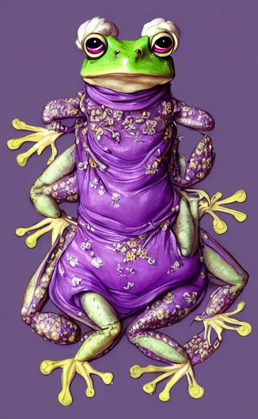 Prompt: cute purple female frog in enchanted rococo hanbok, full character, concept art, trending on artstation, in the style of alexander mcqueen, alexander jansson, jean - baptiste monge, george frederic watts