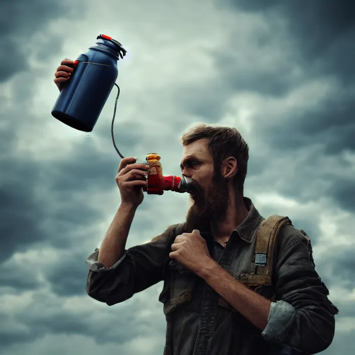 apocalyptic man drinking from gas can, octane render, | Stable Diffusion