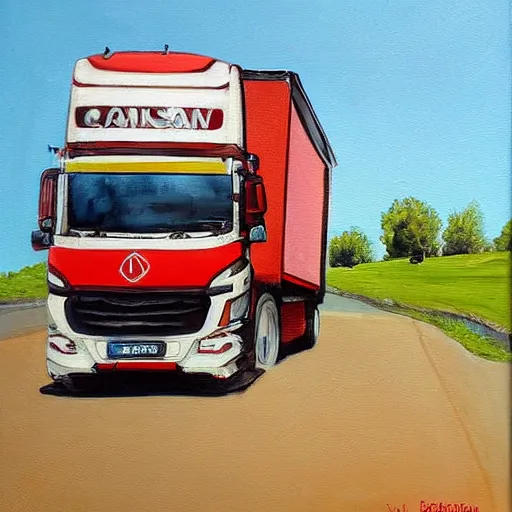 Prompt: an awesome painting with a camion by peter klasen