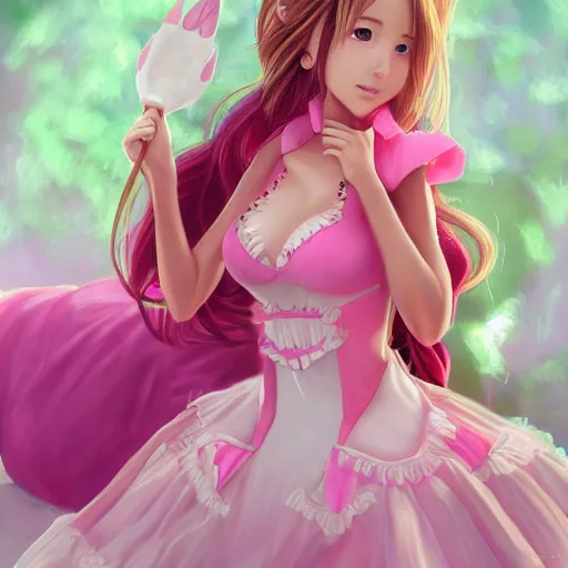 Prompt: pink dress aerith aeris by logan cure, BangkuART, sakimichan, yan gisuka, zeronis, dan eder, nick silva, Ja Mong, 4k, artstation