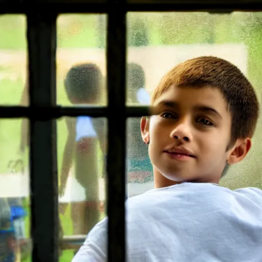 Prompt: a boy looking outside the window in classroom on a peaceful summer day