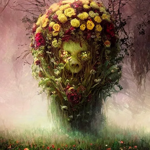 Image similar to a beautiful terrifying monster made of flowers. ethereal horror fantasy art by greg rutkowski and magali villanueve and monet