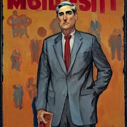 Prompt: socialist realist painting of robert mueller!!! standing with folded arms, disco elysium concept art by j. c. leyendecker and diego rivera