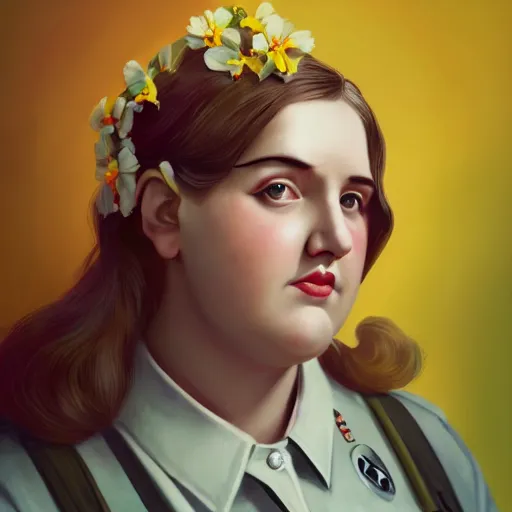 Prompt: colorful and festive cute female young plus size female hitler with tan skin, clear sharp female adolf hitler face, wearing yellow floral blouse. full body, rich vivid pastel colors, ambient lighting, dynamic lighting, 4 k, atmospheric lighting, painted, intricate, highly detailed by charlie bowater