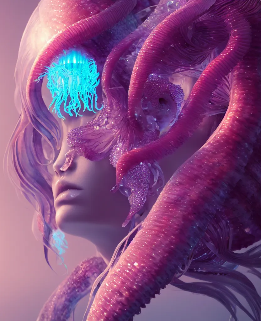 Image similar to goddess close-up portrait. orchid jellyfish phoenix head, nautilus, skull, betta fish, bioluminiscent creatures, intricate artwork by Tooth Wu and wlop and beeple. octane render, trending on artstation, greg rutkowski very coherent symmetrical artwork. cinematic, hyper realism, high detail, octane render, 8k