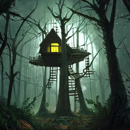 Image similar to a scifi tree house in a dark dystopia forest