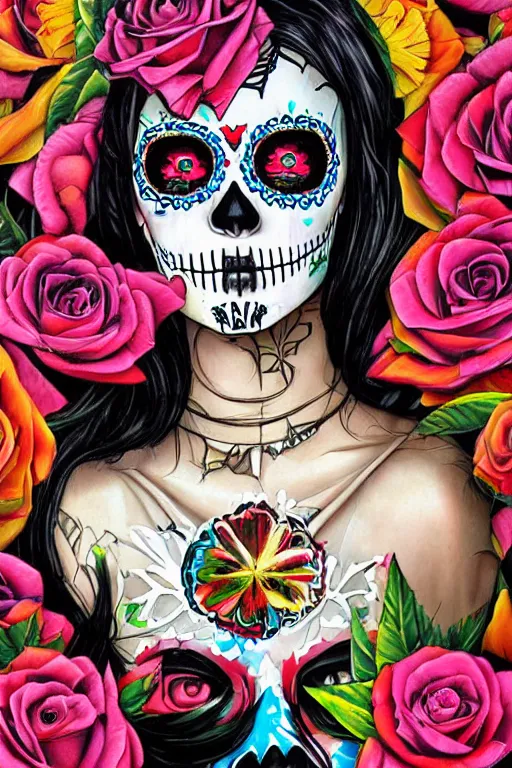 Prompt: Illustration of a sugar skull day of the dead girl, art by Sandra Chevrier