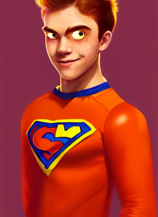 Image similar to friendly teenage archie andrews wearing an orange superhero costume with heart logo, freckles, superhero costume, heart emblem on chest, cape, intricate, elegant, glowing lights, highly detailed, digital painting, artstation, sharp focus, illustration, art by wlop, mars ravelo and greg rutkowski