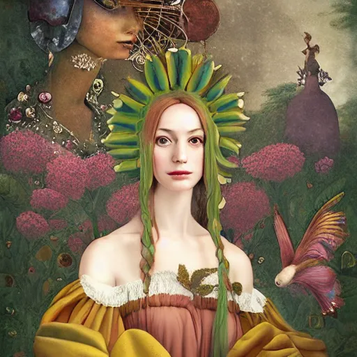 Prompt: a detailed portrait of young woman in renaissance dress and a surreal renaissance headdress, very surreal garden, cyberpunk, surreal tea party, cats, birds, nature, strange creatures, by christian schloe and botticelli, naotto hattori, amy sol, roger dean, moody colors