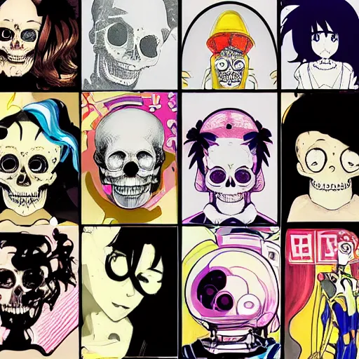 Image similar to anime manga skull portrait girl female skeleton astronaut illustration , the Simpsons, 80s art frank miller ditko and alphonse mucha pop art nouveau