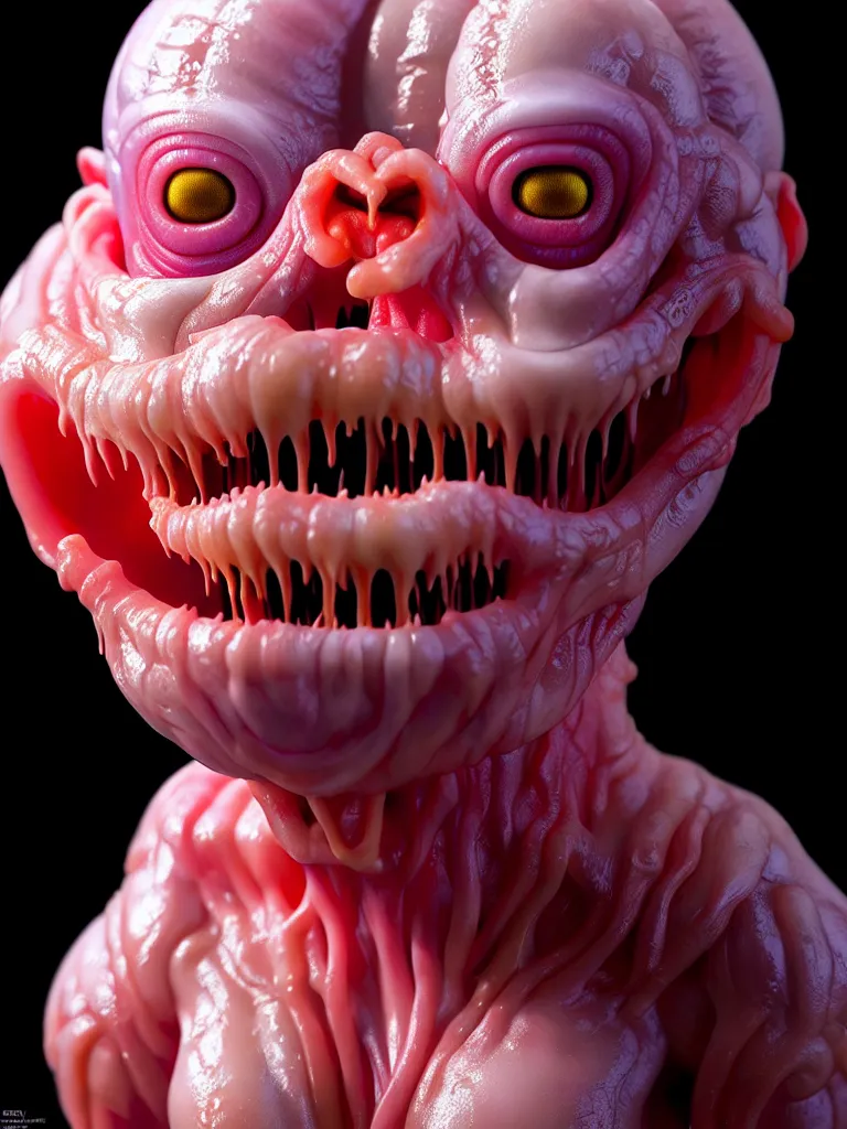 Image similar to hyperrealistic subsurface scattering rendering, fat smooth cronenberg flesh monster albino translucent baby by donato giancola and greg rutkowski and wayne barlow and zdzisław beksinski, product photography, action figure, sofubi, studio lighting, colored gels