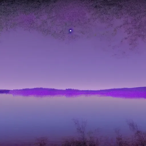 Image similar to Purple haze over a lake at night. Award-winning digital art, trending on ArtStation