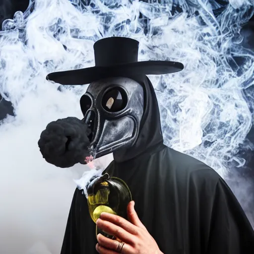 Image similar to a plague doctor exhaling a huge smoke cloud from his halloween bong, award winning candid photography