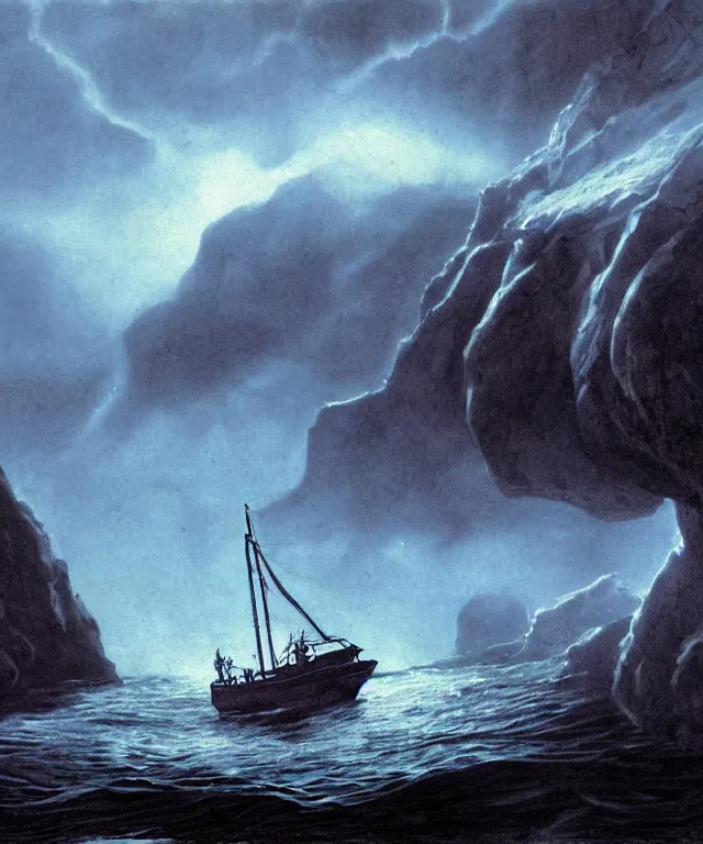 Prompt: photorealistic blue - toned photo of a 1 9 2 5 seiner sailing near a tropical skull - shaped cliff with the mouth of a sea cave at the waterline, dark, brooding, atmospheric, lovecraft, horror, smooth, epic, highly detailed, cinematic, by clyde caldwell