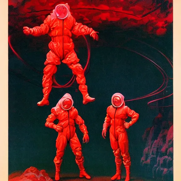 Prompt: two scientists wearing futuristic red hazmat suits entering geometric fractal neon crystal portal by frank frazetta