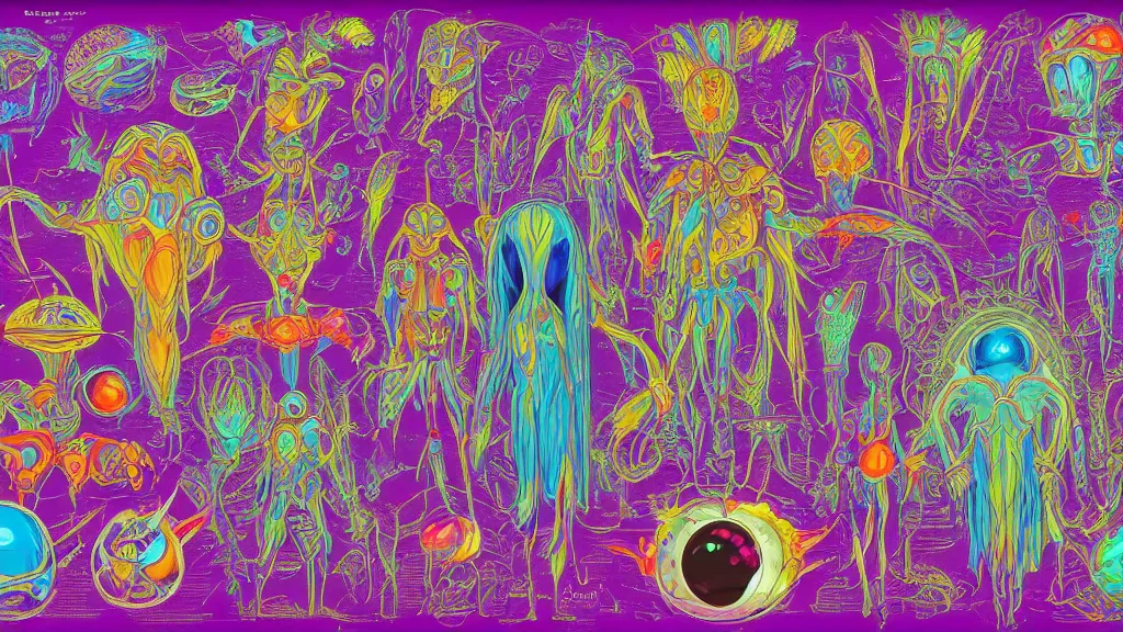 Image similar to colorful and vivid character sheet for an extraterrestrial with large bulbous head, religious robes, retrofuture, high contrast, wayne barlow, ernst haeckel, fantastic planet, moebius, valerian, coherent, illustration, digital art, trending on artstation, hd, 8 k, good lighting, beautiful, rough paper, masterpiece