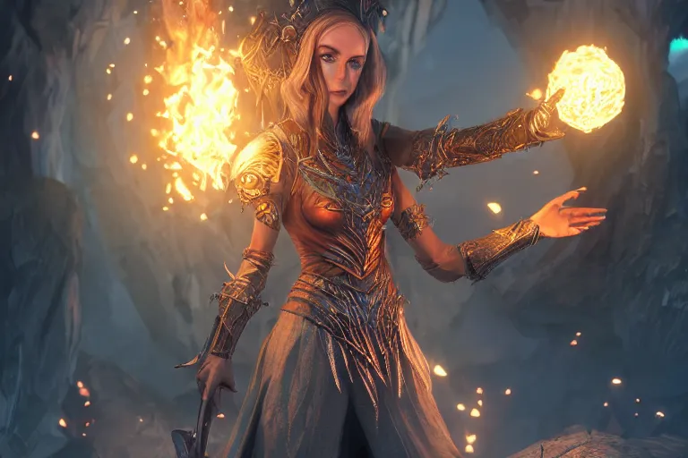 Prompt: ultra detailed fantasy, a beautiful magician with. a fire ball in her hand, realistic, dnd, rpg, lotr game design fanart by concept art, behance hd, artstation, deviantart, global illumination radiating a glowing aura global illumination ray tracing hdr render in unreal engine 5