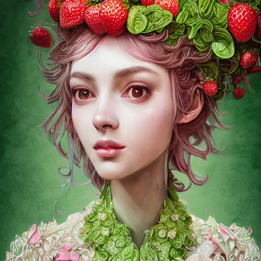 Image similar to the portrait of an absurdly beautiful, graceful, elegant, chaste, young woman made of strawberries and green petals smiling, an ultrafine detailed illustration by kim jung gi, irakli nadar, intricate linework, bright colors, octopath traveler, final fantasy, angular, unreal engine 5 highly rendered, global illumination, radiant light, detailed and intricate environment