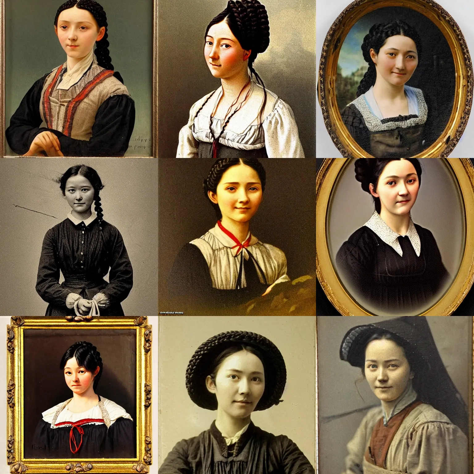 Prompt: a melancholicly (((smiling)) black haired, young hungarian village maid from the 19th century who ((looks very similar to Lee Young Ae)) with a two french braids, detailed, portrait by Ferenczy Károly, Csók István and da Vinci