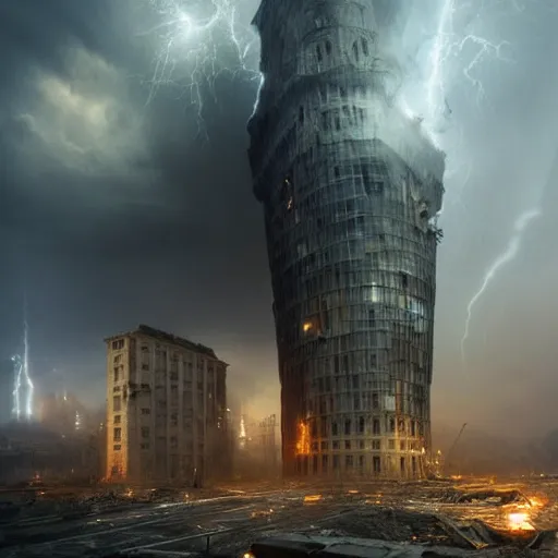 Image similar to a destroyed 1 9 0 0 city with a big tower in the middle covered in mist, lightning bolts hitting and exploding the buildings, by michal karcz