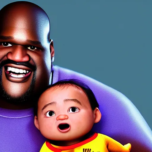 Image similar to a baby shaquille o ’ neal being held by a shocked asian man who can ’ t believe his eyes, pixar, 3 d render, artstation, unreal engine