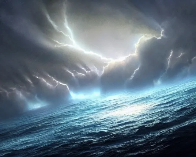 Image similar to 1 : 6 and god said, let there be a firmament in the midst of the waters, and let it divide the waters from the waters. and god made the firmament, and divided the waters which were under the firmament from the waters which were above the firmament : and it was so. trending on artstation