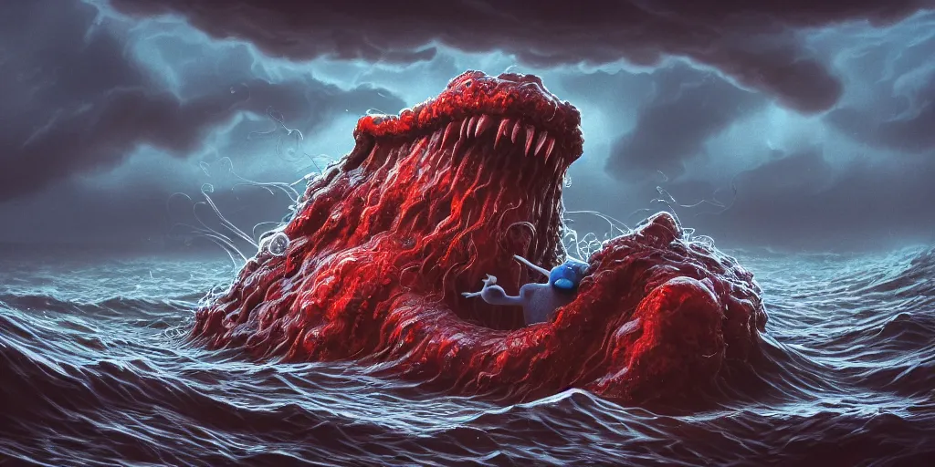 Prompt: of an intricate stormy ocean with large strange goofy drunk creatures with big mouth, long tongue, weird nose, and square teeth appearing from the misty waters, in the style of antonio berni, macro lens, shallow depth of field, highly detailed, digital painting, trending artstation, concept art, illustration, cinematic lighting, vibrant colors, photorealism, epic, octane render