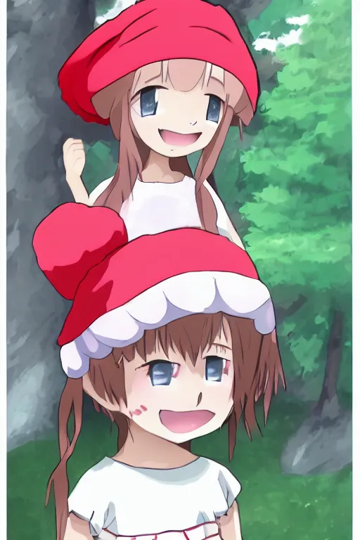 Image similar to concept art of a little girl in the red hat,forest, happy in anime style