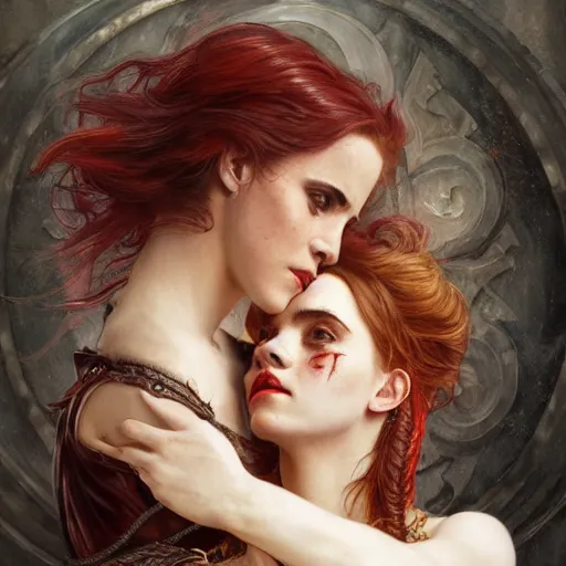 Image similar to a beautiful portrait of emma watson and scarlett johanson as a red haired vampire sorceresses, leather armor, d & d, fantasy, intricate, elegant, highly detailed, digital painting, artstation, concept art, matte, sharp focus, illustration, art by greg rutkowski and alphonse mucha