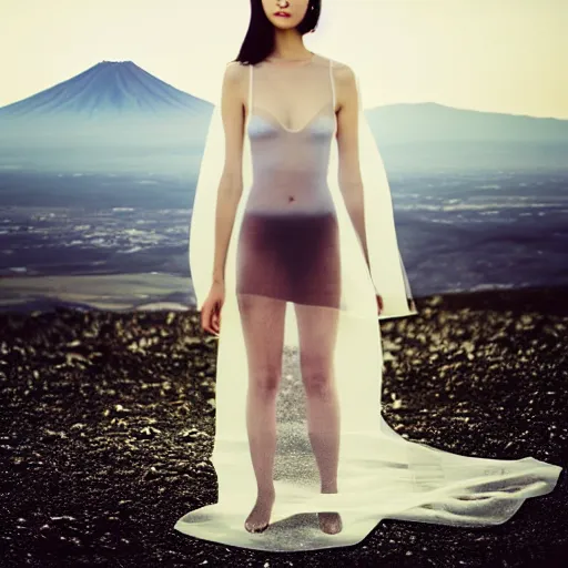 Prompt: a instax photo of fuji mountain, a tall japanese girl in a transparent sheer fabric dress against the background of fuji mountain, perfect faces, fine details, severe snow, full body shot, perfect symmetrical body, coherent symmetrical eyes, rule of thirds, by peter kemp, by monia merlo, hyperrealistic, hyperdetailed, octane render, 8 k