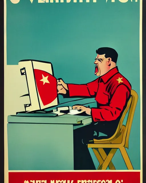 Image similar to soviet propaganda poster of an angry communist developer yelling at his computer