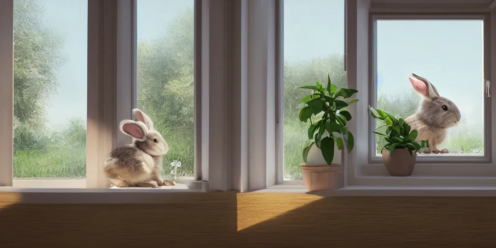 Image similar to beautiful peaceful dreamy painting of a content bunny sitting by a window and looking outside, sunshine coming through the window, small plants on the window sill, 8k, hyper realism, trending on artstation, octane render