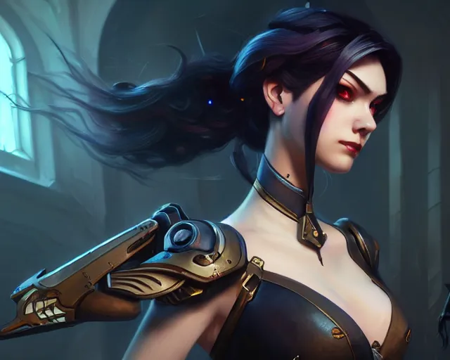 Image similar to a gaming screenshot still portrait of widowmaker, deep focus, fantasy, intricate, elegant, highly detailed, digital painting, artstation, concept art, matte, sharp focus, illustration, dark fantasy style art, overwatch, art by artgerm and greg rutkowski and alphonse mucha