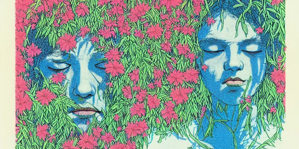Image similar to risograph grainy drawing protagonist face, pastel colors, with huge piersing, face covered with plants and flowers, by moebius and satisho kon and dirk dzimirsky close - up portrait, perfect blue, paprika
