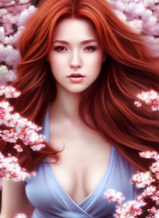 Image similar to photo of a gorgeous female with auburn hair in the style of stefan kostic, realistic, half body shot, sharp focus, 8 k high definition, insanely detailed, intricate, elegant, art by stanley lau and artgerm, extreme blur cherry blossoms background