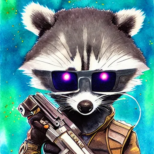 Image similar to racoon holding a laser gun, guardians of the galaxy style, centered award winning watercolor pen drawing, by caroline choi, edited by range murata