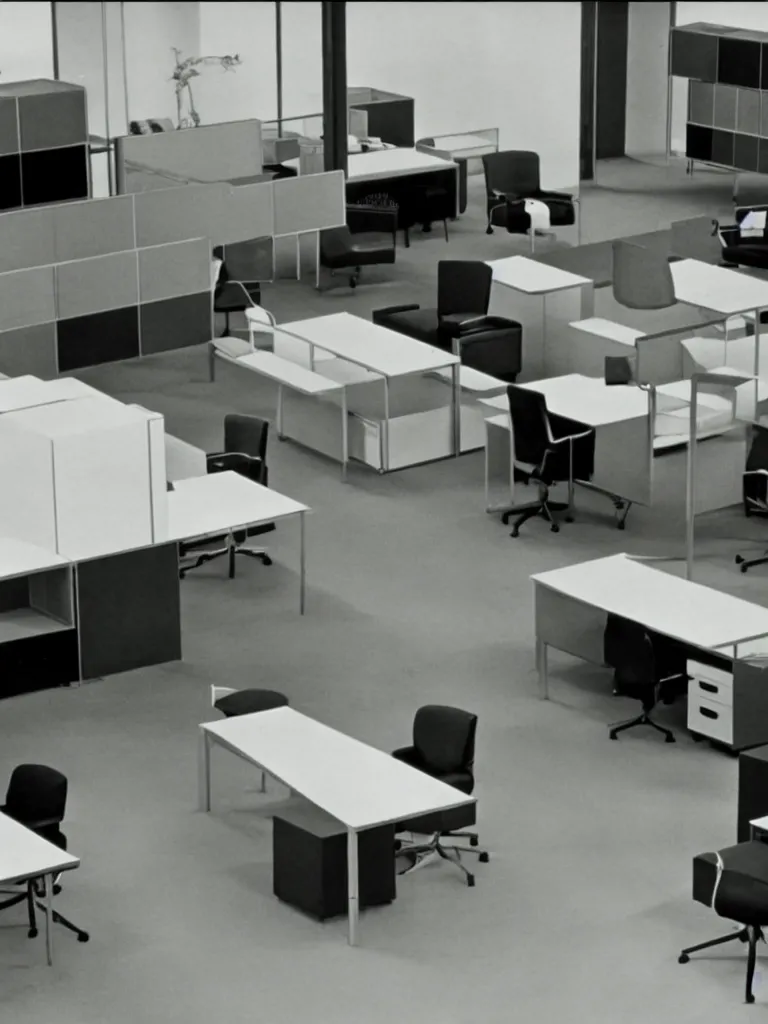 Prompt: a still of severance series indoor 7 0 s furniture office scenario appearing in a film of jacques tati