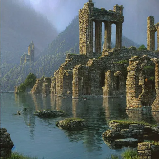 Prompt: ruined stone city in a lake. misty weather. painting by Ted Nasmith and Larry Elmore.