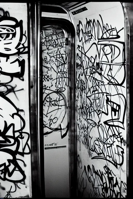 Prompt: subway cabin inside all in graffiti, man in stussy jacket closeup writing graffiti, night, film photography, exposed b & w photography, christopher morris photography