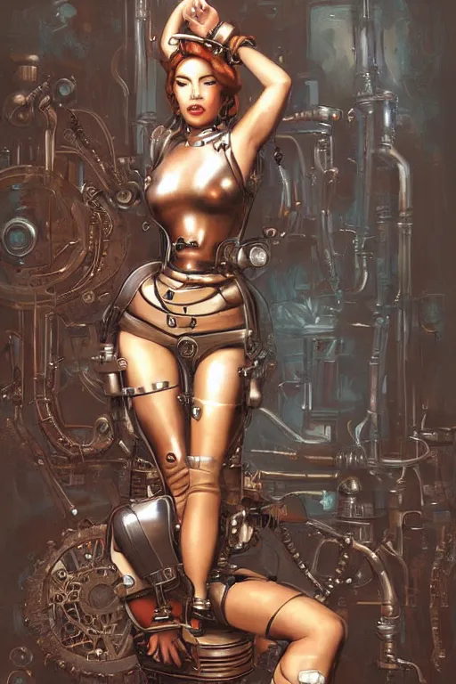 Prompt: retrofuturistic female android tied to a chair, steampunk, gears, detailed mechanical parts, painting by artgerm julie bell Ed Brinkley